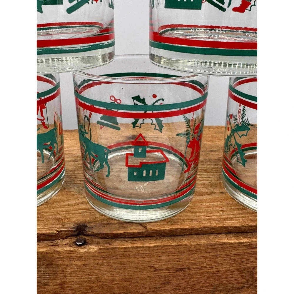 Vintage Nadir Figueiredo Brazil Christmas Rocks Glasses Set of 5 Moose Santa Red